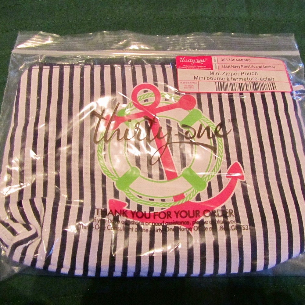 Thirty-One Mini Zipper Pouch Navy Pinstripe w/Anchor
